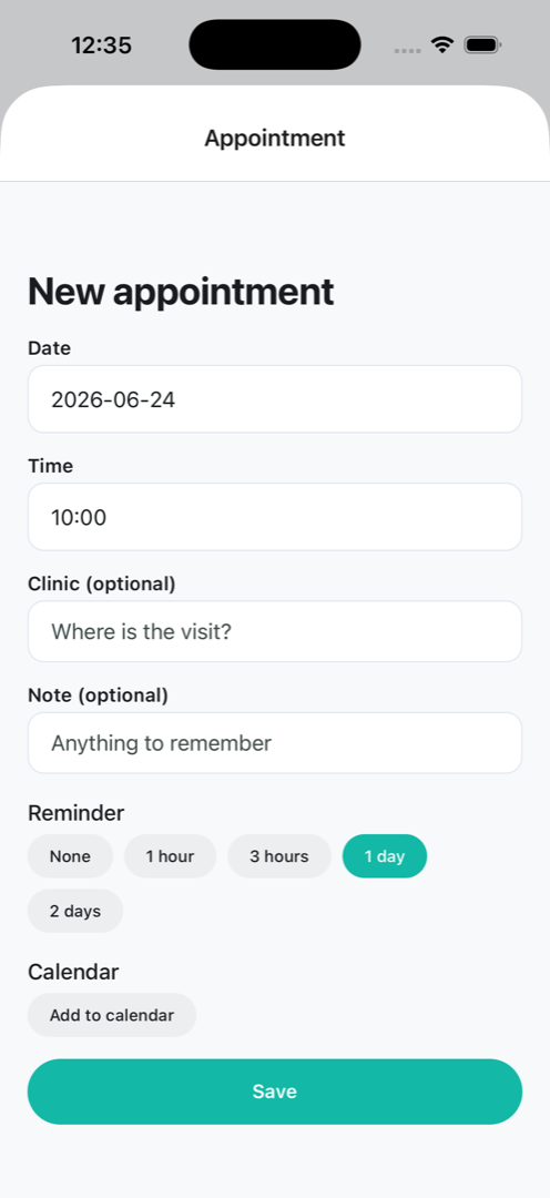 Brace Space new appointment screen with reminders